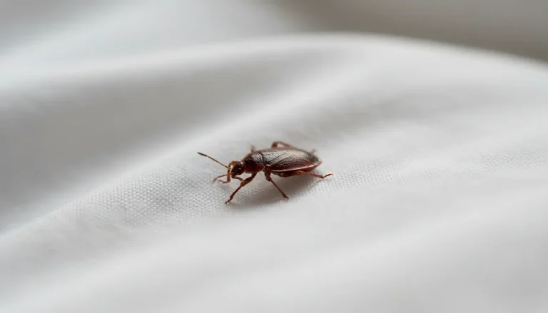 Punaise de lit adulte sur tissu blanc de literie, corps ovale brun-roux, vue rapprochée photoréaliste
