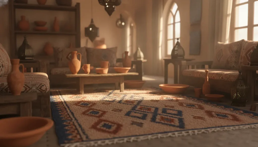 Salon décoré en style imzad avec tapis kilim à motifs losanges, poteries en terre cuite et lanternes en métal perforé