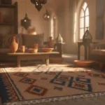 Salon décoré en style imzad avec tapis kilim à motifs losanges, poteries en terre cuite et lanternes en métal perforé