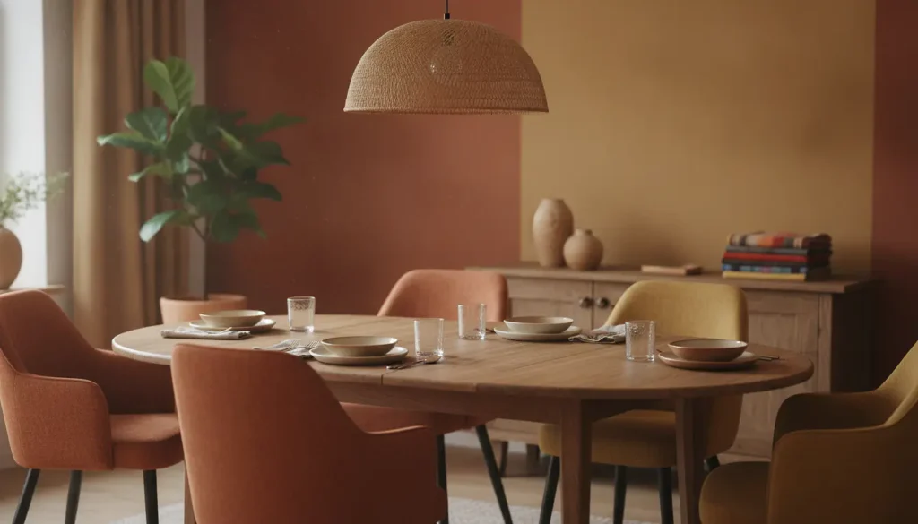 Salle à manger conviviale avec table ronde en bois, chaises colorées et suspension en fibre naturelle