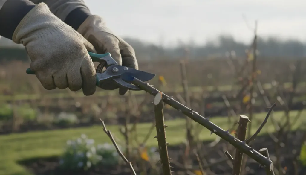 Sécateur de jardinier taillant une branche de rosier en biseau au jardin