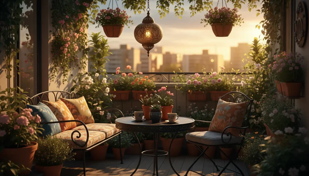 Balcon fleuri et décoré avec plantes vertes, coussins colorés et lanternes au coucher de soleil