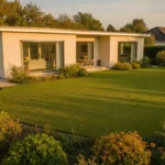 Maison individuelle avec jardin illuminée par la lumière de fin de journée