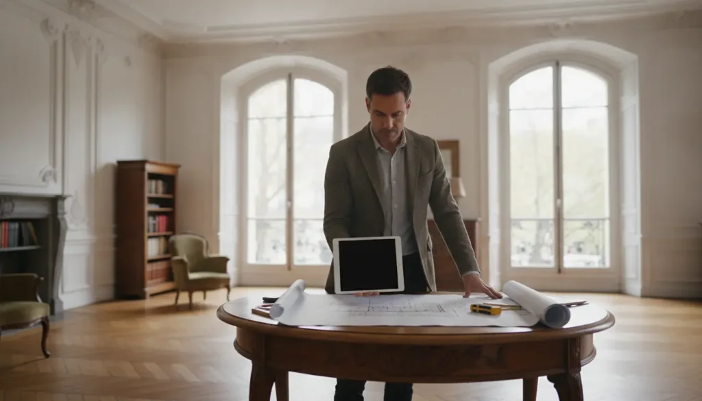 Thermicien analysant les plans et l'audit énergétique d'un appartement haussmannien à Paris