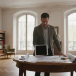 Thermicien analysant les plans et l'audit énergétique d'un appartement haussmannien à Paris