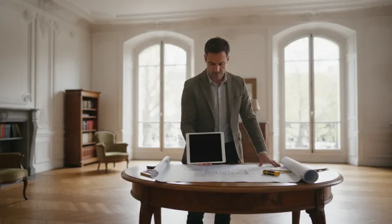 Thermicien analysant les plans et l'audit énergétique d'un appartement haussmannien à Paris