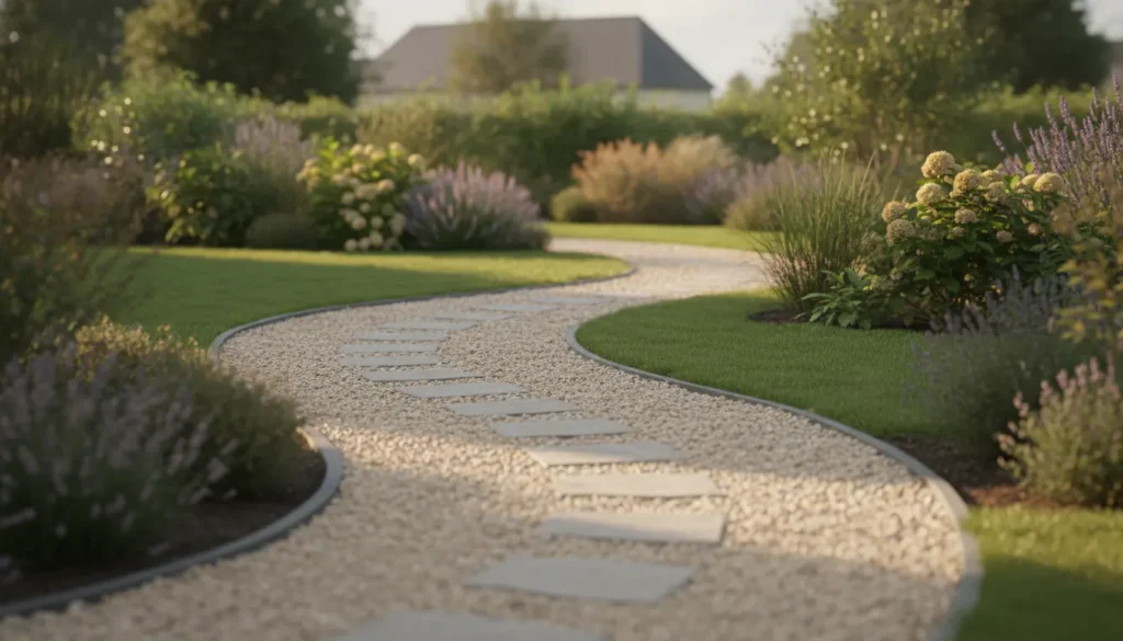 Allée de jardin sinueuse en gravier clair avec pas japonais entre pelouse et massifs fleuris