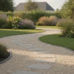 Allée de jardin sinueuse en gravier clair avec pas japonais entre pelouse et massifs fleuris