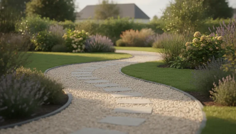 Allée de jardin sinueuse en gravier clair avec pas japonais entre pelouse et massifs fleuris