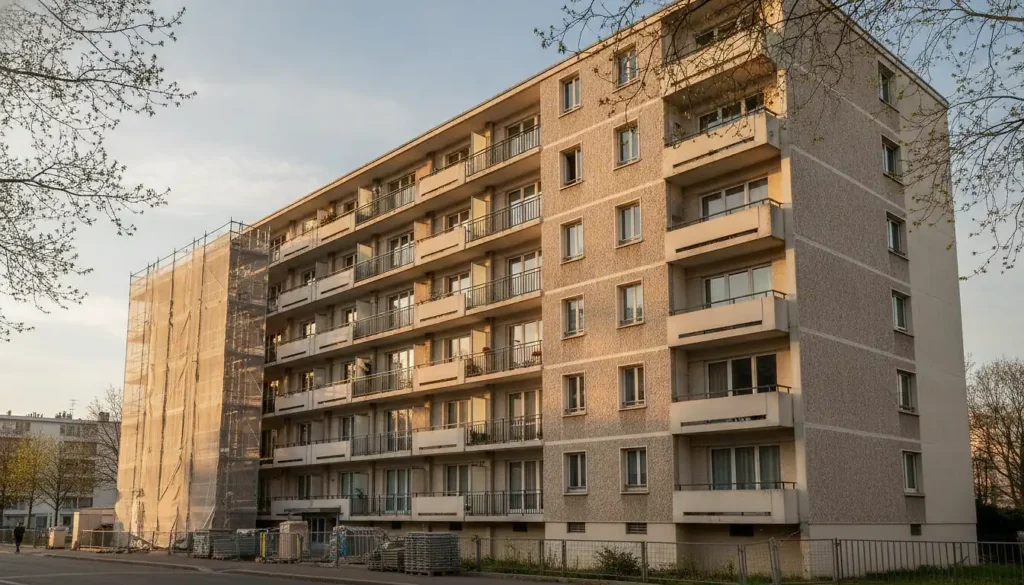Façade d'un immeuble d'habitation des années 1970 en cours de rénovation avec échafaudage partiel