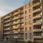 Façade d'un immeuble d'habitation des années 1970 en cours de rénovation avec échafaudage partiel