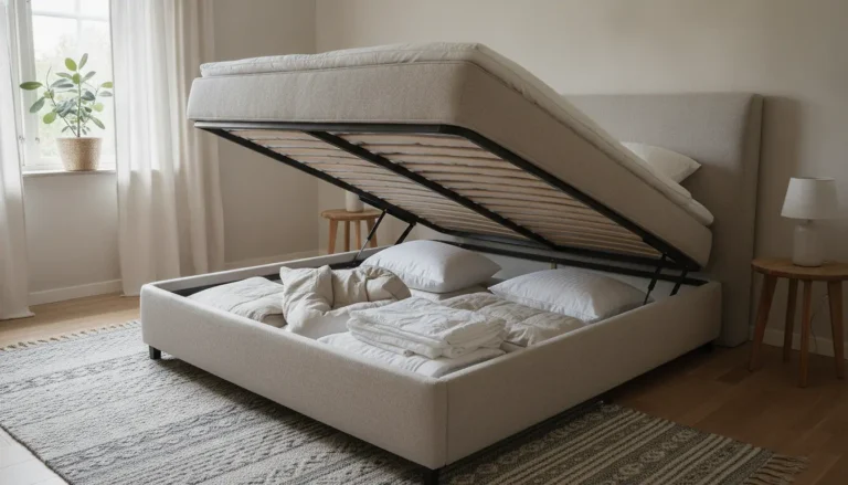 Chambre scandinave avec lit coffre ouvert sur des vérins, linge de lit plié dans le coffre, tête de lit en lin et lumière naturelle