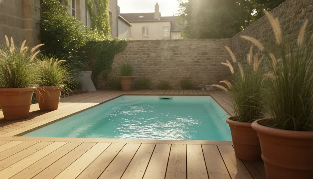 Mini piscine rectangulaire enterrée dans un petit jardin de ville, plage en bois et graminées en pot