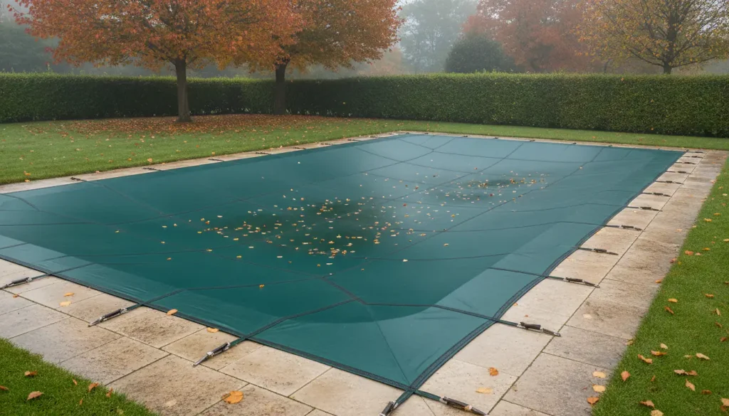 Piscine enterrée couverte d'une bâche d'hivernage vert foncé bien tendue, feuilles mortes sur la margelle en pierre, jardin d'automne dans la brume du matin