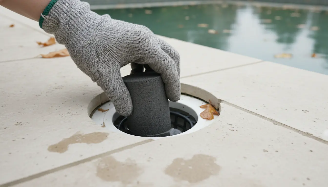 Main gantée qui place un accessoire d'hivernage en mousse dans le skimmer d'une piscine, margelle en pierre et feuilles mortes sur l'eau