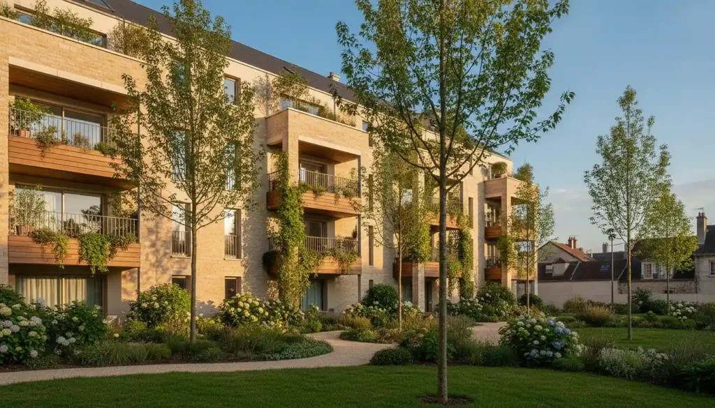 Résidence neuve avec balcons en bois et jardin paysager à la lumière du soir