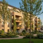 Résidence neuve avec balcons en bois et jardin paysager à la lumière du soir
