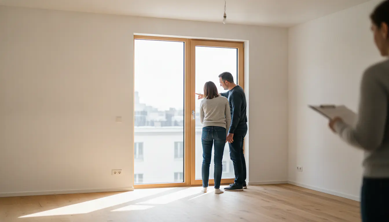Couple inspectant les fenêtres d'un appartement neuf vide lors de la visite de livraison